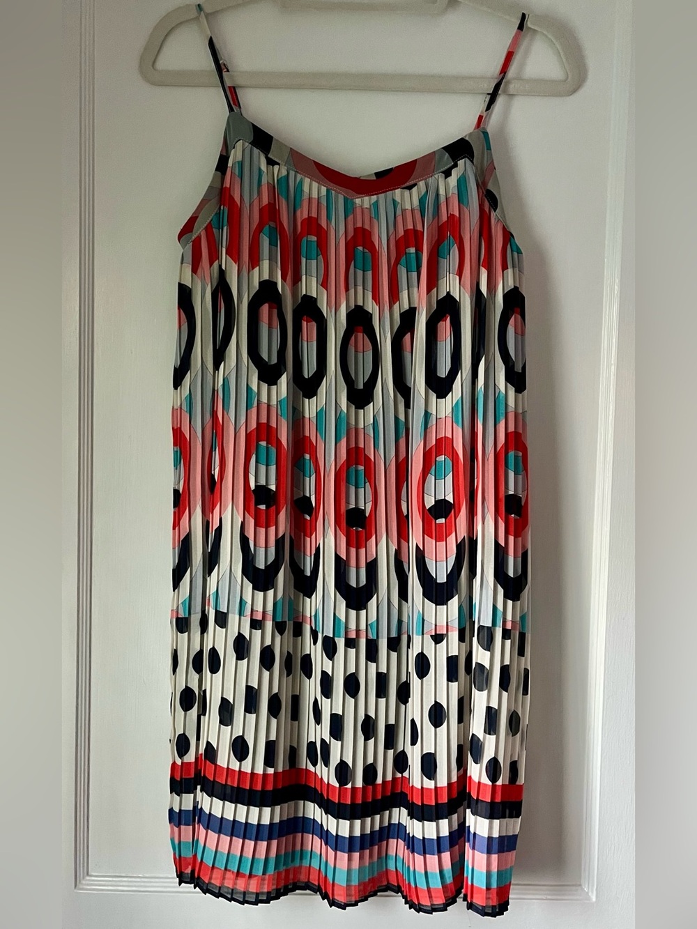Pleated Spaghetti-Strap Mini Dress in Colorful Bold Geometric All Over Print